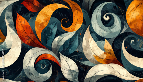 Vibrant swirling leaves and abstract shapes in a dynamic autumnal illustration from a close-up viewpoint