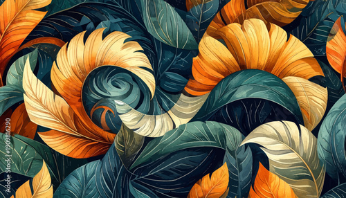 Vibrant floral arrangement of sunflowers and leaves in a lush, overhead garden scene