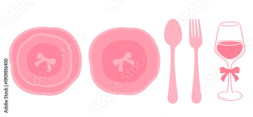 Pink plate cutlery and wine glass with bow minimal vector illustration.