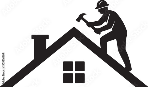 Black silhouette of a roofer in a hard hat hammering on a house roof with a chimney and window also transparent background