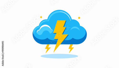 A dramatic thunderstorm cloud with lightning bolts and rain, depicted in a stylized illustration, viewed from a straightforward perspective.