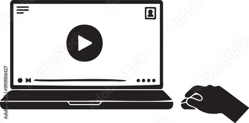 Hand holding stylus pointing at laptop screen displaying play button icon