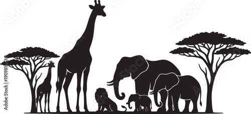 Black silhouette of African savanna animals including giraffes elephants and lion with acacia trees also transparent background