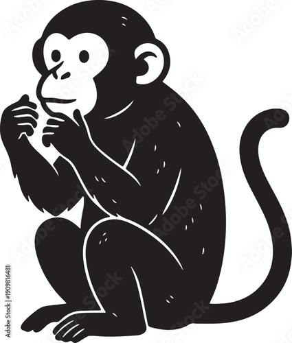 Black silhouette of a chimpanzee sitting and holding something in its hands with a white background also transparent background