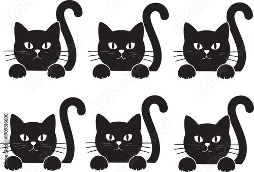 Six black cats with white eyes and pink noses peeking over an invisible surface with curved tails also transparent background