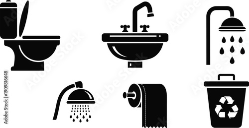 Public, restroom, icons, set, featuring, men, women, unisex, accessible, handicap, baby, changing, station, shower, toilet, tissue, recycle, bin, signage, symbols.