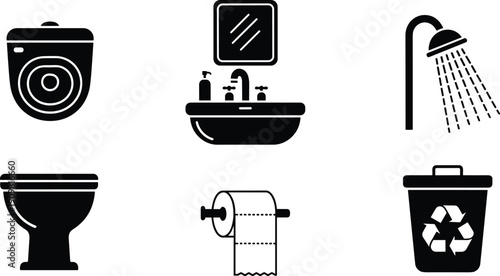 Public, restroom, icons, set, featuring, men, women, unisex, accessible, handicap, baby, changing, station, shower, toilet, tissue, recycle, bin, signage, symbols.