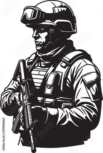 Wallpaper Mural Black and white of a soldier in tactical gear holding a rifle also transparent background military helmet 2 Torontodigital.ca