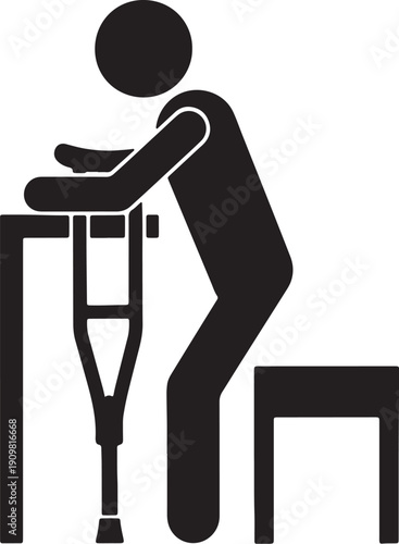 Person with crutch leaning on table and sitting on stool also transparent background