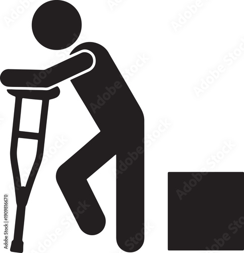 Black silhouette of a person with a crutch leaning on it next to a box also transparent background injured