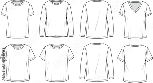 Set of vector technical sketches for blank white t-shirts including long sleeve short sleeve and v-neck mockups for fashion design