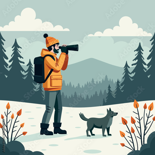 looking through binoculars by man with dog in winter forest