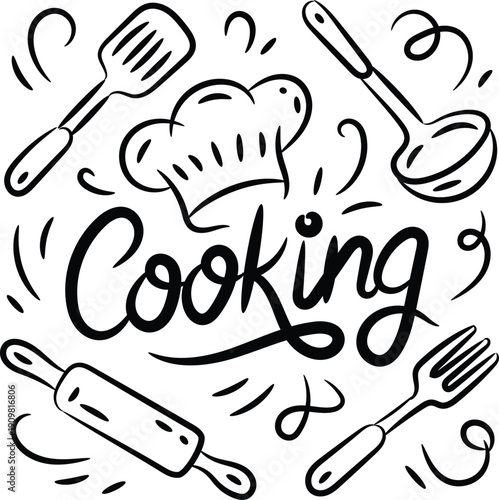 Hand drawn cooking doodle vector illustration, Black and white culinary vector art
