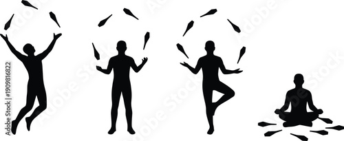 Silhouette sequence of man juggling bottles, transforming into mindful meditation, concept of balance, focus, stress management and personal growth illustration