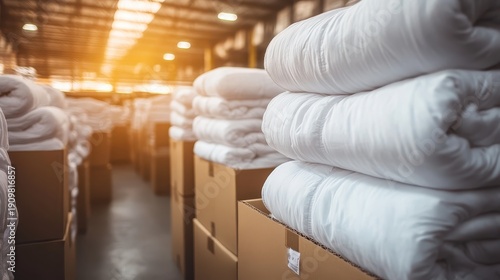 Wallpaper Mural Stacks of neatly folded white blankets are organized in cardboard boxes within a sunlit warehouse storage area Torontodigital.ca