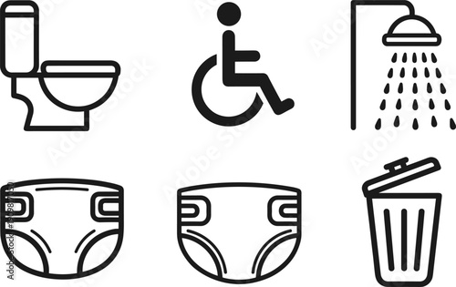 Public, restroom, icons, set, featuring, men, women, unisex, accessible, handicap, baby, changing, station, shower, toilet, tissue, recycle, bin, signage, symbols.