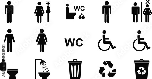 Public, restroom, icons, set, featuring, male, female, gender, neutral, handicap, disability, accessible, baby, changing, station, nursery, signage, symbols, inclusive, facilities.
