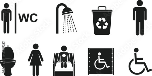 Public, restroom, icons, set, featuring, male, female, gender, neutral, handicap, disability, accessible, baby, changing, station, nursery, signage, symbols, inclusive, facilities.