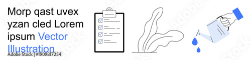 Task management, productivity, growth, ecology, sustainability, nurturing. A checklist, abstract plant and hand pouring water. Task management and productivity concept