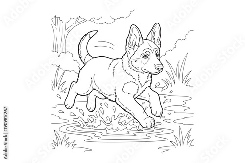 Cute Cartoon German Shepherd Coloring Sheet – Playful Dog Outline Vector, German Shepherd Coloring page 
