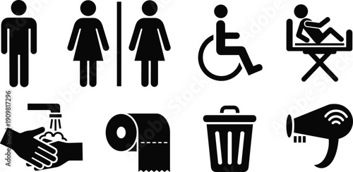 Public restroom icons set with male female gender signs disabled wheelchair access baby changing station shower recycling and hand washing symbols,