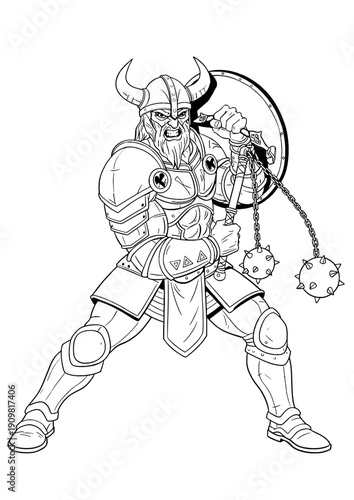 Viking Warrior Vector with Flail and Shield – Black and White Line Art Illustration