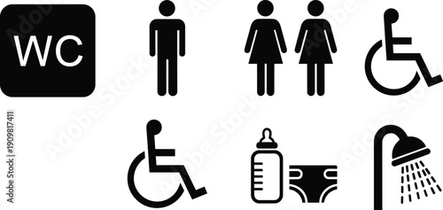 Public restroom icons set with male female gender signs disabled wheelchair access baby changing station shower recycling and hand washing symbols,