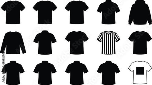 Tshirt and apparel silhouette collection, blank clothing templates including polo, hoodie, long sleeve and striped jersey mockup set
