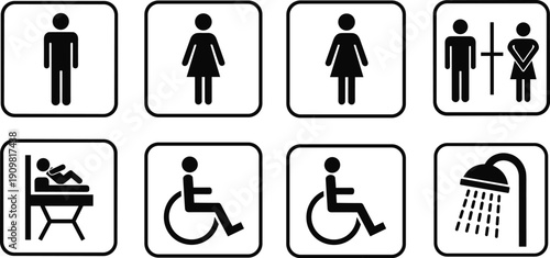 Public restroom icons set with male female gender signs disabled wheelchair access baby changing station and shower symbols for wayfinding navigation,