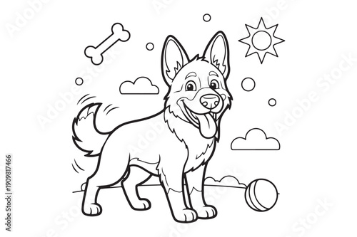 Cute Cartoon German Shepherd Coloring Sheet – Playful Dog Outline Vector, German Shepherd Coloring page 
