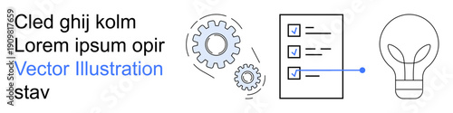 Business planning, innovation, workflow organization, project management, strategic thinking, productivity. Illustration includes gears, checklist with checkmarks and lightbulb. Business planning