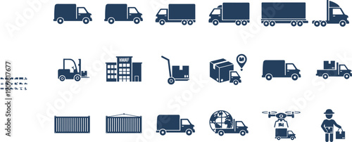 Logistics and delivery icon collection, transportation symbols, courier service graphics, global shipping illustrations, warehouse storage icons, express cargo distribution set