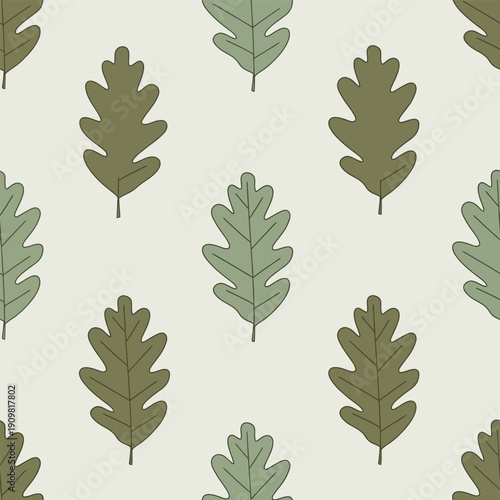 Repeating Pattern of Stylized Oak Leaves on Cream Background.