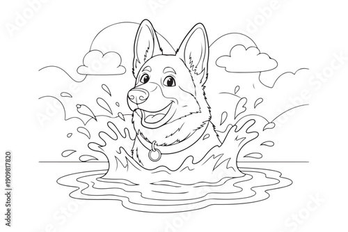 Cute Cartoon German Shepherd Coloring Sheet – Playful Dog Outline Vector, German Shepherd Coloring page 