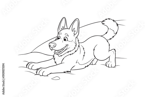 Cute Cartoon German Shepherd Coloring Sheet – Playful Dog Outline Vector, German Shepherd Coloring page 