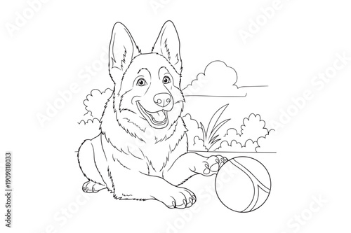 Cute Cartoon German Shepherd Coloring Sheet – Playful Dog Outline Vector, German Shepherd Coloring page 