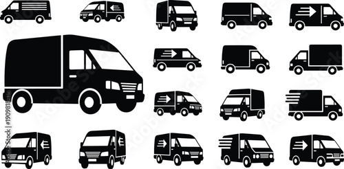 Delivery van and truck silhouette grid, fast shipping icons, courier service graphics, logistics transport symbols, express cargo distribution illustrations