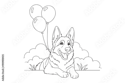 Cute Cartoon German Shepherd Coloring Sheet – Playful Dog Outline Vector, German Shepherd Coloring page 