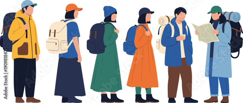 Flat Vector Illustration of Diverse People Group with Backpacks, Wearing Outdoor Clothing and Planning a Hiking Trip with Map