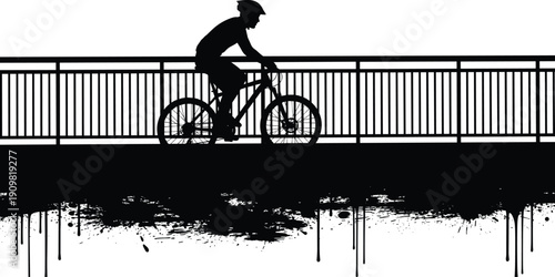Black and white silhouette cyclist riding across urban bridge, dramatic ink splatter effect, helmeted rider in motion, abstract vector illustration artwork
