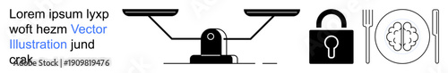 Justice, security, mindful eating, decision-making, legal system, mental health. A balance scale, padlock and brain on a plate are visible. Justice and security effectively