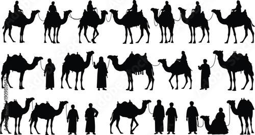 Desert Camel Caravan Silhouette Vector with Bedouin Riders and Travelers, Middle Eastern Journey Scene for Ramadan, Eid Mubarak, and Arabian Culture Designs