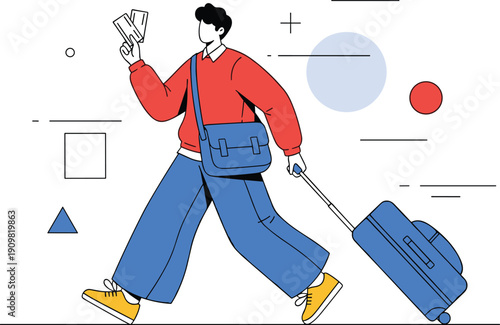 Young male traveler walking with suitcase, holding tickets and wearing messenger bag, modern flat vector illustration for travel concepts
