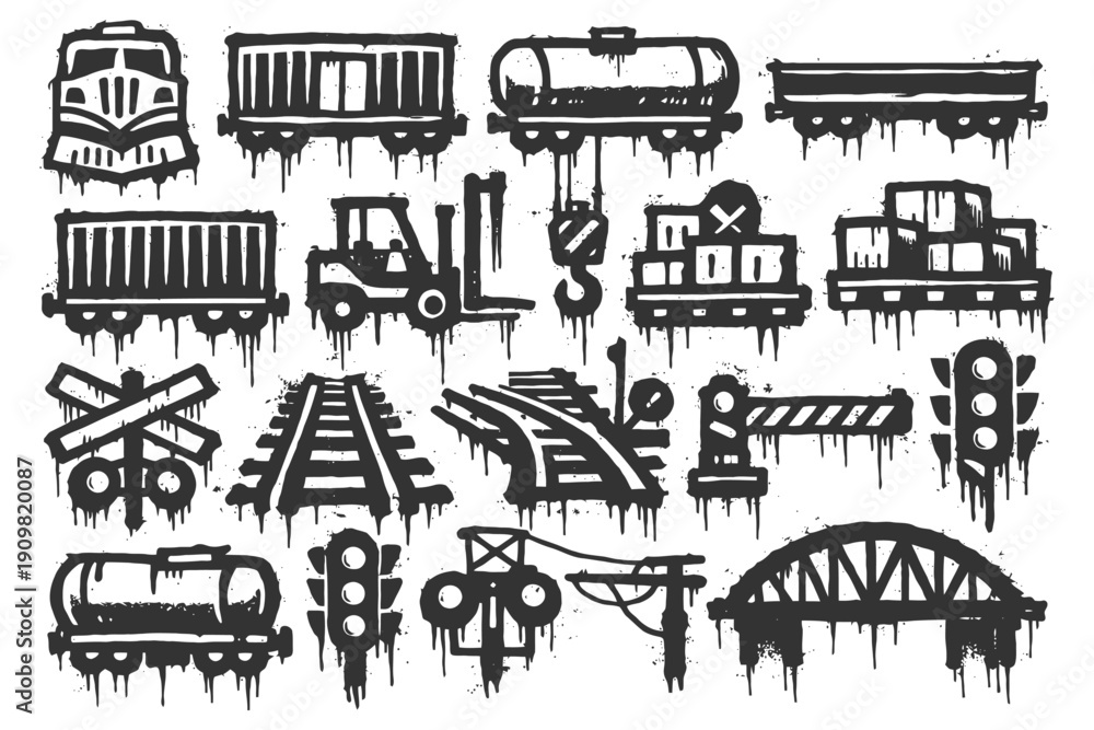 Obraz premium Grunge train icons collection featuring railroads, cargo, and signals.