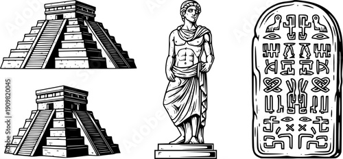 Black and white vintage style line art set of ancient stone monuments and sculptures including stepped pyramids statue and carved tablet
