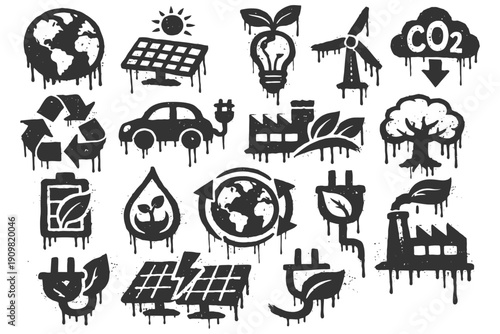 Sustainability icons: renewable energy, recycling, eco-friendly solutions.