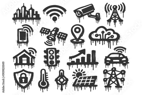 Urban technology symbols: network, security, connectivity, communication, infrastructure icons.