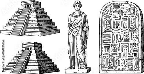 Black and white vintage style line art set of ancient stone monuments and sculptures including stepped pyramids statue and carved tablet
