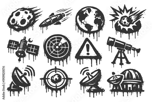 Grunge space icons: meteor, satellite, radar, earth, telescope, observatory, warning signs.