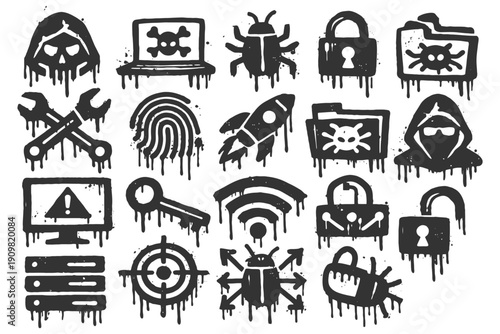 Hacker symbols and security icons: malware, lock, bug, cyber, alert.
